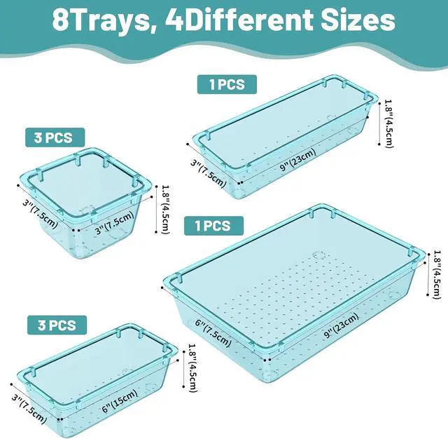 Alt view image 3 of 7 - WOWBOX 8 PCS Plastic Drawer Organizer Set, 4 Sizes Desk Drawer Organization and Storage Containers for Makeup, Cosmetics, Jewelry and Gadgets in Kitchen, Bathroom, Bedroom, Office, Clear Sea Blue