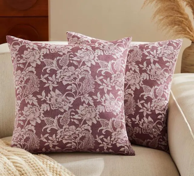 Main image of Floral Jacquard Throw Pillow Covers Set of 2, Background/Burgundy 18x18 Inch, Farmhouse Decorative Cotton Burgundy Cushion Covers for Sofa Bed Living Room Home Decor