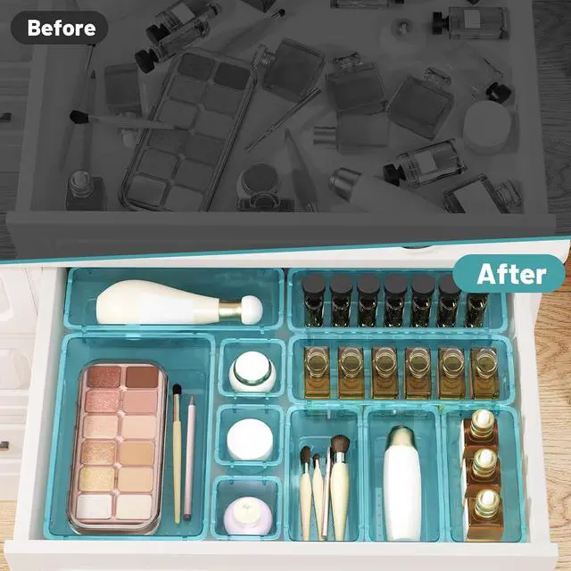 Alt view image 5 of 7 - WOWBOX 8 PCS Plastic Drawer Organizer Set, 4 Sizes Desk Drawer Organization and Storage Containers for Makeup, Cosmetics, Jewelry and Gadgets in Kitchen, Bathroom, Bedroom, Office, Clear Sea Blue