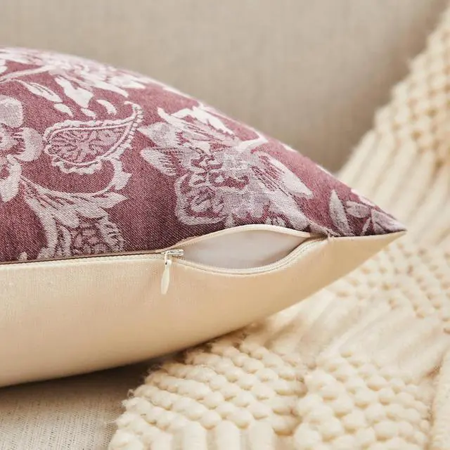 Alt view image 4 of 7 - Floral Jacquard Throw Pillow Covers Set of 2, Background/Burgundy 18x18 Inch, Farmhouse Decorative Cotton Burgundy Cushion Covers for Sofa Bed Living Room Home Decor