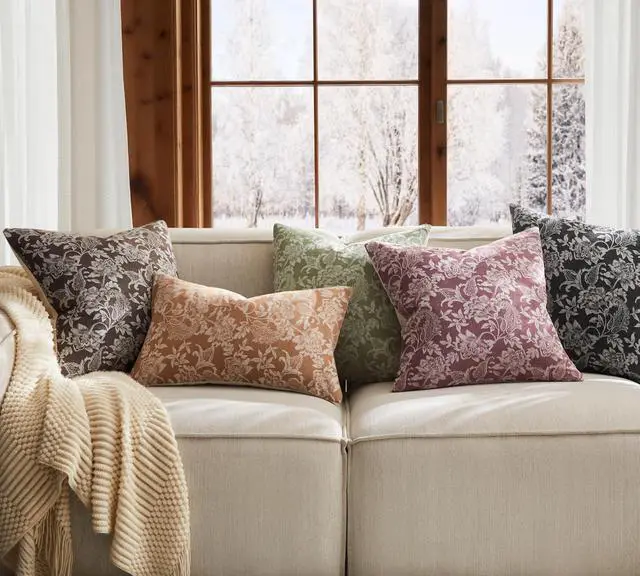 Alt view image 7 of 7 - Floral Jacquard Throw Pillow Covers Set of 2, Background/Burgundy 18x18 Inch, Farmhouse Decorative Cotton Burgundy Cushion Covers for Sofa Bed Living Room Home Decor