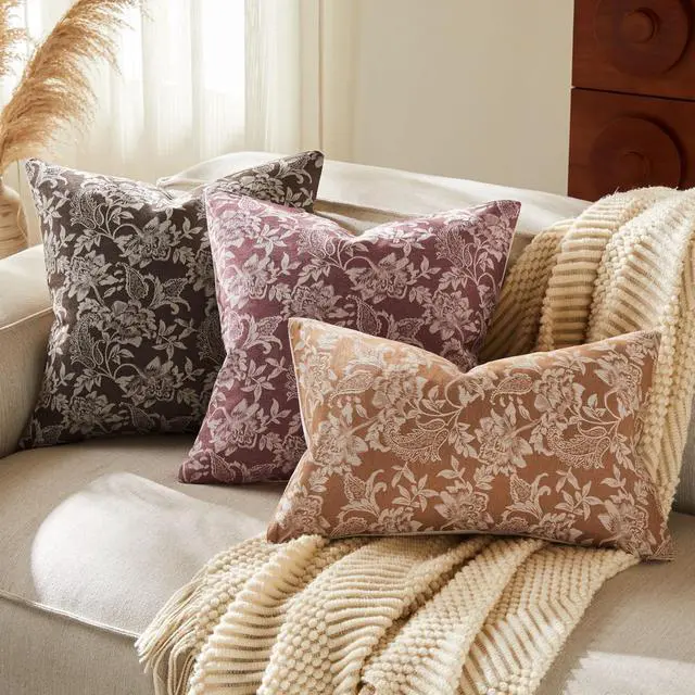 Alt view image 6 of 7 - Floral Jacquard Throw Pillow Covers Set of 2, Background/Burgundy 18x18 Inch, Farmhouse Decorative Cotton Burgundy Cushion Covers for Sofa Bed Living Room Home Decor