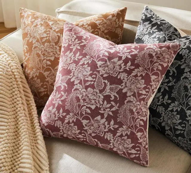 Alt view image 5 of 7 - Floral Jacquard Throw Pillow Covers Set of 2, Background/Burgundy 18x18 Inch, Farmhouse Decorative Cotton Burgundy Cushion Covers for Sofa Bed Living Room Home Decor