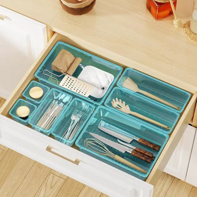 Alt view image 7 of 7 - WOWBOX 8 PCS Plastic Drawer Organizer Set, 4 Sizes Desk Drawer Organization and Storage Containers for Makeup, Cosmetics, Jewelry and Gadgets in Kitchen, Bathroom, Bedroom, Office, Clear Sea Blue