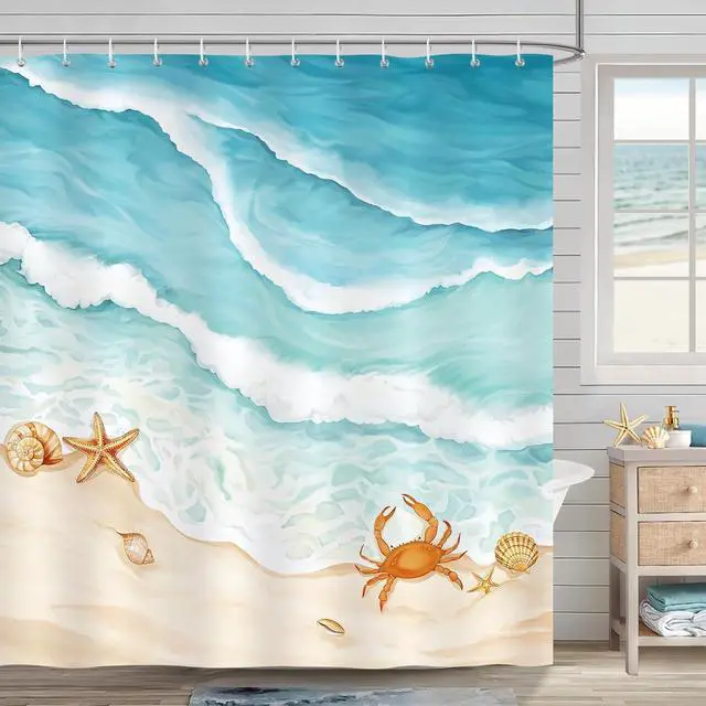Main image of Bonhause Beach Shower Curtain Teal Blue Ocean Waves Coastal Bathroom Decor, 72x72 Inch Waterproof Polyester Fabric with 12 Hooks Included