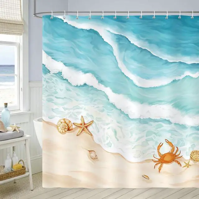 Alt view image 2 of 7 - Bonhause Beach Shower Curtain Teal Blue Ocean Waves Coastal Bathroom Decor, 72x72 Inch Waterproof Polyester Fabric with 12 Hooks Included