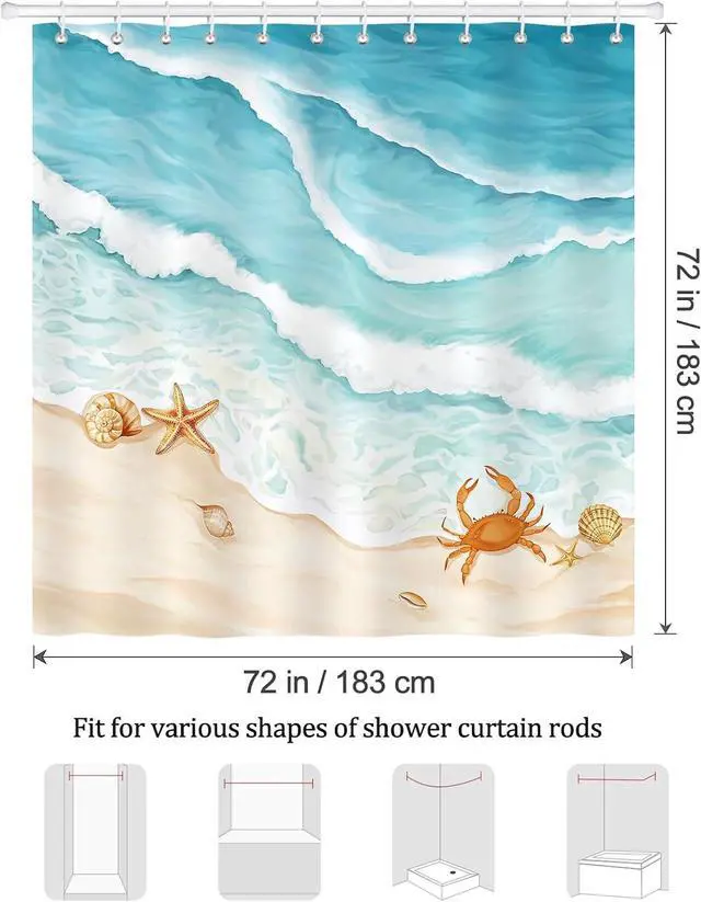 Alt view image 6 of 7 - Bonhause Beach Shower Curtain Teal Blue Ocean Waves Coastal Bathroom Decor, 72x72 Inch Waterproof Polyester Fabric with 12 Hooks Included