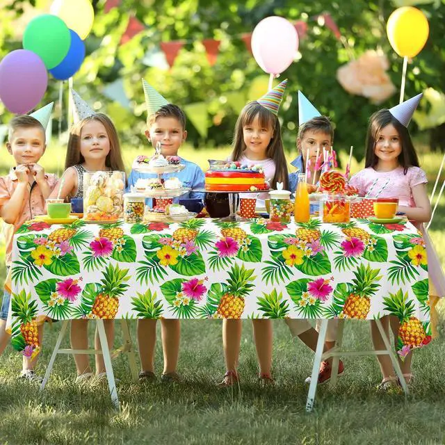 Alt view image 2 of 7 - 4 Pack Hawaiian Luau Tablecloth Tropical Table Cover Palm Leaves Party Table Cloth Waterproof Rectangular Decoration for Aloha Summer Beach Pool Birthday Party Supplies, 51 x 86 in