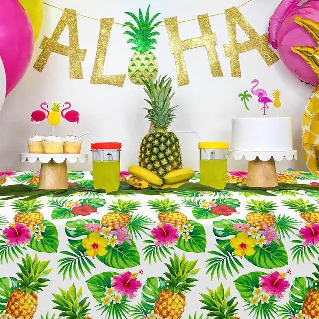 Alt view image 3 of 7 - 4 Pack Hawaiian Luau Tablecloth Tropical Table Cover Palm Leaves Party Table Cloth Waterproof Rectangular Decoration for Aloha Summer Beach Pool Birthday Party Supplies, 51 x 86 in