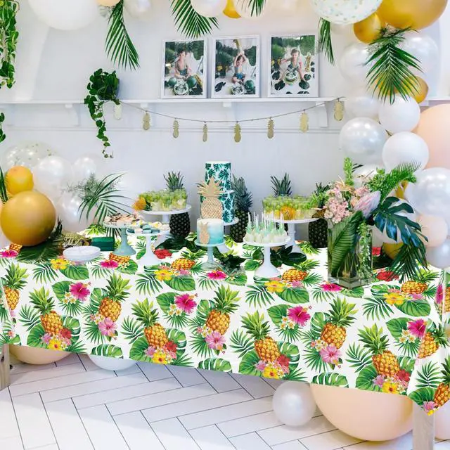 Alt view image 6 of 7 - 4 Pack Hawaiian Luau Tablecloth Tropical Table Cover Palm Leaves Party Table Cloth Waterproof Rectangular Decoration for Aloha Summer Beach Pool Birthday Party Supplies, 51 x 86 in
