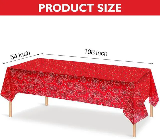 Alt view image 2 of 7 - Tatuo 3 Pack Western Party Bandana Tablecloth,Red | 108x54" Plastic Rectangle Table Cloth for Western Cowboy Party, Paisley Floral Design, Easy Cleanup, Fits Standard Table