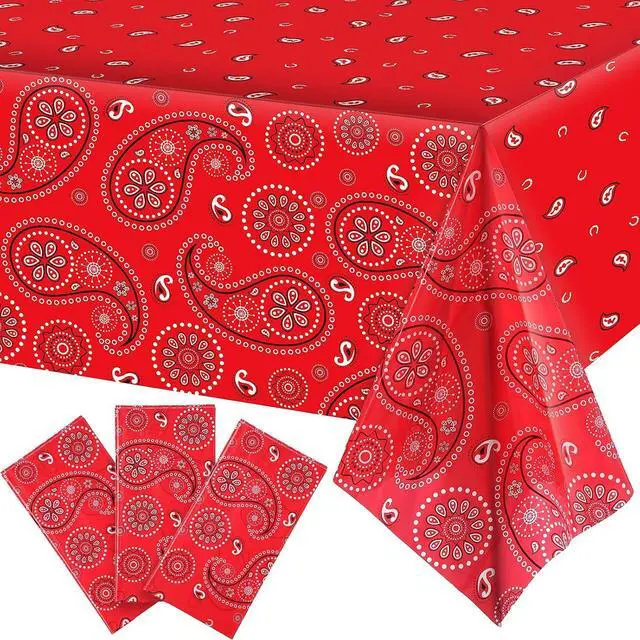 Main image of Tatuo 3 Pack Western Party Bandana Tablecloth,Red | 108x54" Plastic Rectangle Table Cloth for Western Cowboy Party, Paisley Floral Design, Easy Cleanup, Fits Standard Table