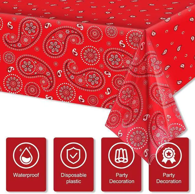 Alt view image 3 of 7 - Tatuo 3 Pack Western Party Bandana Tablecloth,Red | 108x54" Plastic Rectangle Table Cloth for Western Cowboy Party, Paisley Floral Design, Easy Cleanup, Fits Standard Table