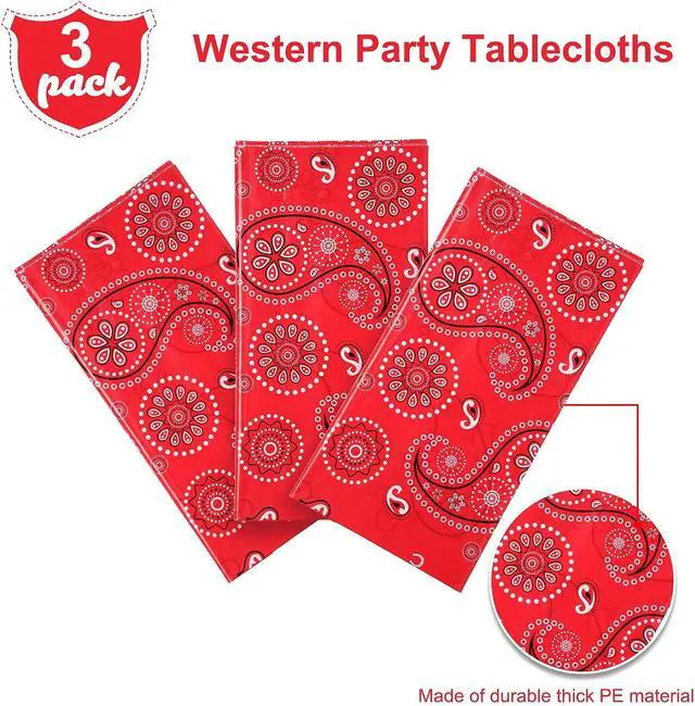Alt view image 4 of 7 - Tatuo 3 Pack Western Party Bandana Tablecloth,Red | 108x54" Plastic Rectangle Table Cloth for Western Cowboy Party, Paisley Floral Design, Easy Cleanup, Fits Standard Table