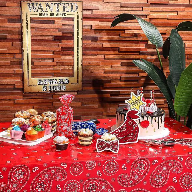 Alt view image 5 of 7 - Tatuo 3 Pack Western Party Bandana Tablecloth,Red | 108x54" Plastic Rectangle Table Cloth for Western Cowboy Party, Paisley Floral Design, Easy Cleanup, Fits Standard Table