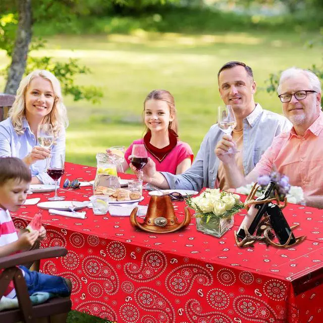 Alt view image 6 of 7 - Tatuo 3 Pack Western Party Bandana Tablecloth,Red | 108x54" Plastic Rectangle Table Cloth for Western Cowboy Party, Paisley Floral Design, Easy Cleanup, Fits Standard Table
