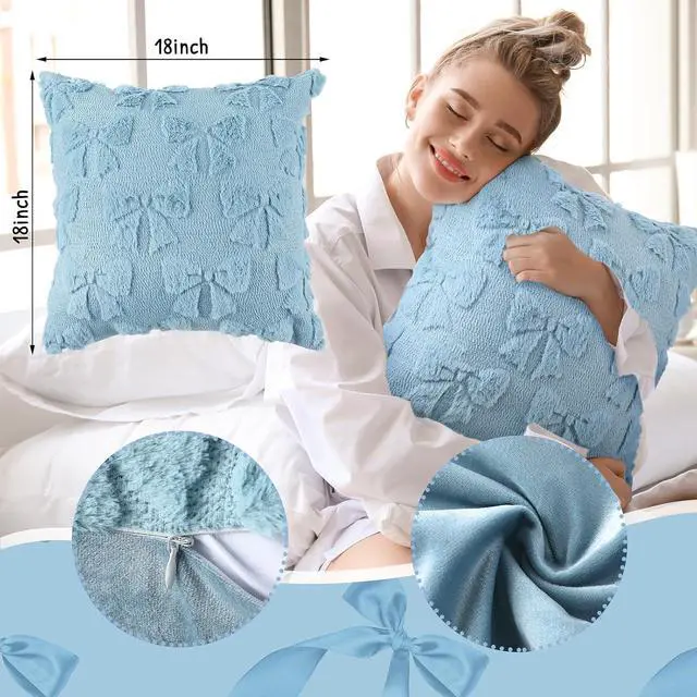 Alt view image 2 of 7 - Mixweer Bow Pillow Covers Set of 2 Preppy Room Decor, 18"x18", Blue | Soft Fluffy Plush, Cute Coquette Aesthetic Bedroom Decor, Decorative Throw Pillowcases for Sofa Bed Couch, Autumn Winter