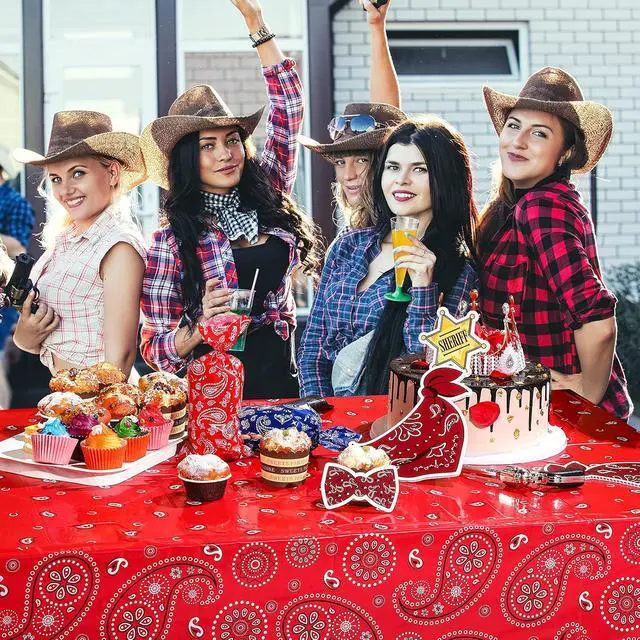 Alt view image 7 of 7 - Tatuo 3 Pack Western Party Bandana Tablecloth,Red | 108x54" Plastic Rectangle Table Cloth for Western Cowboy Party, Paisley Floral Design, Easy Cleanup, Fits Standard Table