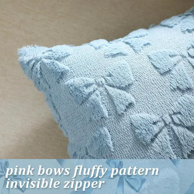 Alt view image 3 of 7 - Mixweer Bow Pillow Covers Set of 2 Preppy Room Decor, 18"x18", Blue | Soft Fluffy Plush, Cute Coquette Aesthetic Bedroom Decor, Decorative Throw Pillowcases for Sofa Bed Couch, Autumn Winter