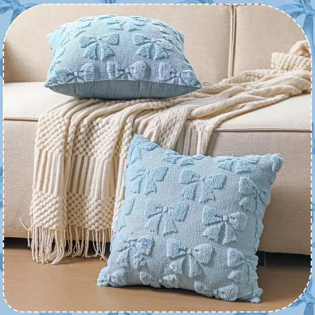 Alt view image 5 of 7 - Mixweer Bow Pillow Covers Set of 2 Preppy Room Decor, 18"x18", Blue | Soft Fluffy Plush, Cute Coquette Aesthetic Bedroom Decor, Decorative Throw Pillowcases for Sofa Bed Couch, Autumn Winter