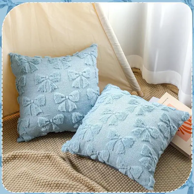 Alt view image 4 of 7 - Mixweer Bow Pillow Covers Set of 2 Preppy Room Decor, 18"x18", Blue | Soft Fluffy Plush, Cute Coquette Aesthetic Bedroom Decor, Decorative Throw Pillowcases for Sofa Bed Couch, Autumn Winter