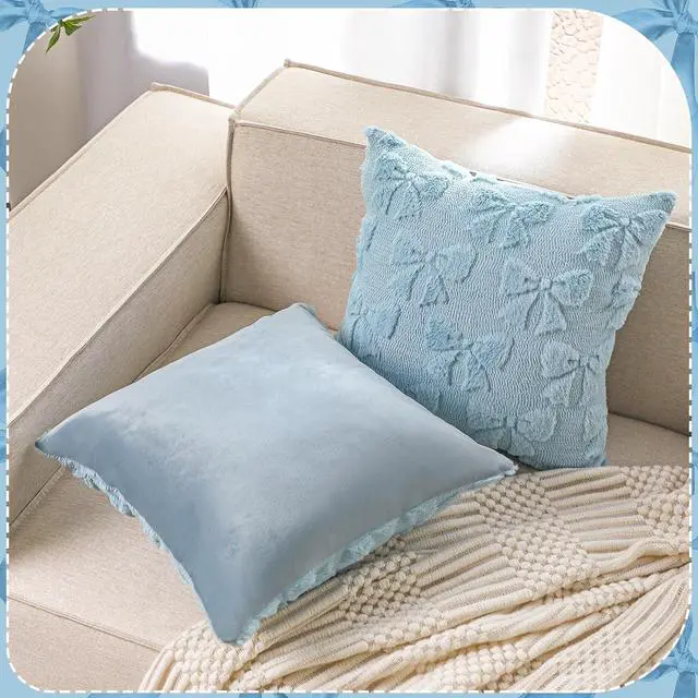 Alt view image 6 of 7 - Mixweer Bow Pillow Covers Set of 2 Preppy Room Decor, 18"x18", Blue | Soft Fluffy Plush, Cute Coquette Aesthetic Bedroom Decor, Decorative Throw Pillowcases for Sofa Bed Couch, Autumn Winter