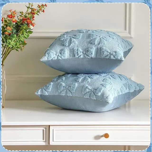 Alt view image 7 of 7 - Mixweer Bow Pillow Covers Set of 2 Preppy Room Decor, 18"x18", Blue | Soft Fluffy Plush, Cute Coquette Aesthetic Bedroom Decor, Decorative Throw Pillowcases for Sofa Bed Couch, Autumn Winter