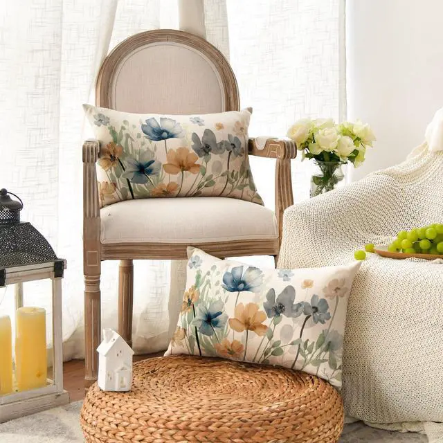 Alt view image 2 of 7 - AVOIN colorlife Poppy Chinoiserie Flowers Pillow Covers 12x20 Inch Set of 2 | Light Brown Blue Seasonal Leaves Cushion Case Decoration for Sofa Couch Farmhouse