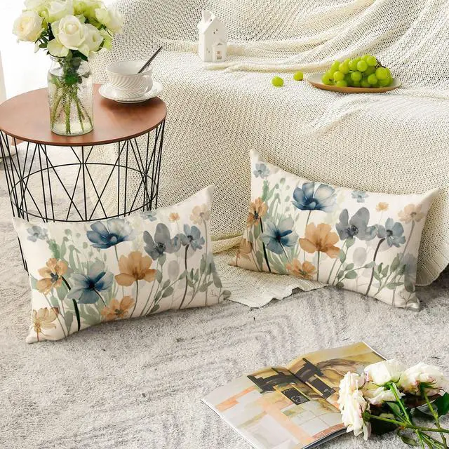 Alt view image 3 of 7 - AVOIN colorlife Poppy Chinoiserie Flowers Pillow Covers 12x20 Inch Set of 2 | Light Brown Blue Seasonal Leaves Cushion Case Decoration for Sofa Couch Farmhouse