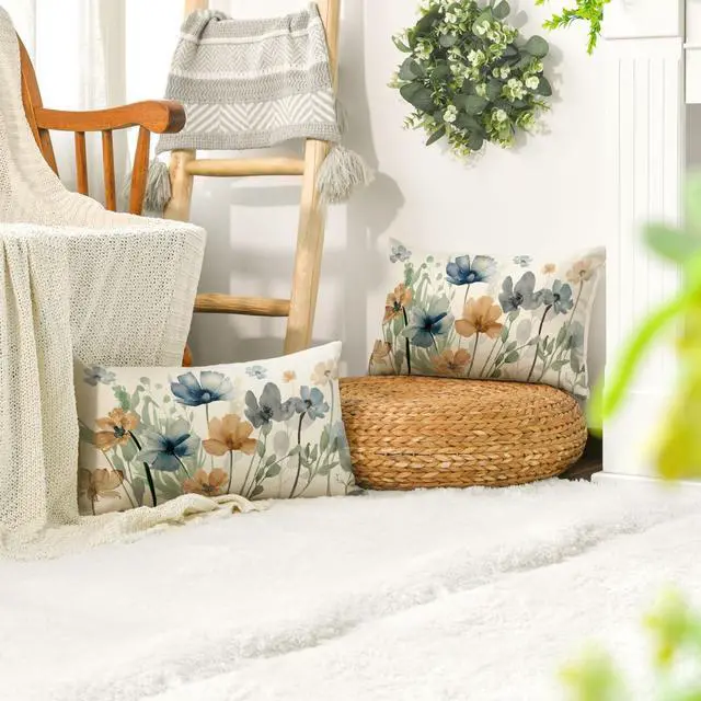Alt view image 4 of 7 - AVOIN colorlife Poppy Chinoiserie Flowers Pillow Covers 12x20 Inch Set of 2 | Light Brown Blue Seasonal Leaves Cushion Case Decoration for Sofa Couch Farmhouse