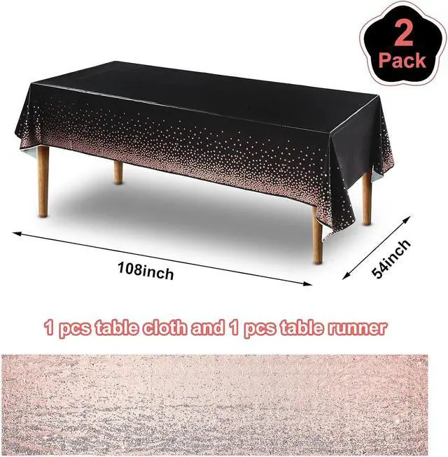 Alt view image 2 of 7 - Irenare 2 Pcs Tablecloth and Sequin Table Runner Set,Black, Rose Gold | Sequin Runner with Confetti Dots Plastic Cover, Disposable for Birthday Wedding Anniversary Celebrations Dining Decor