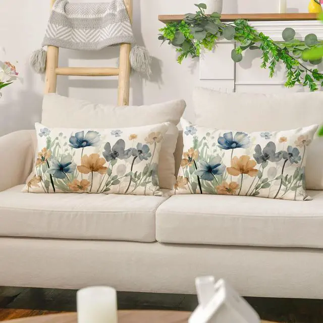 Alt view image 5 of 7 - AVOIN colorlife Poppy Chinoiserie Flowers Pillow Covers 12x20 Inch Set of 2 | Light Brown Blue Seasonal Leaves Cushion Case Decoration for Sofa Couch Farmhouse