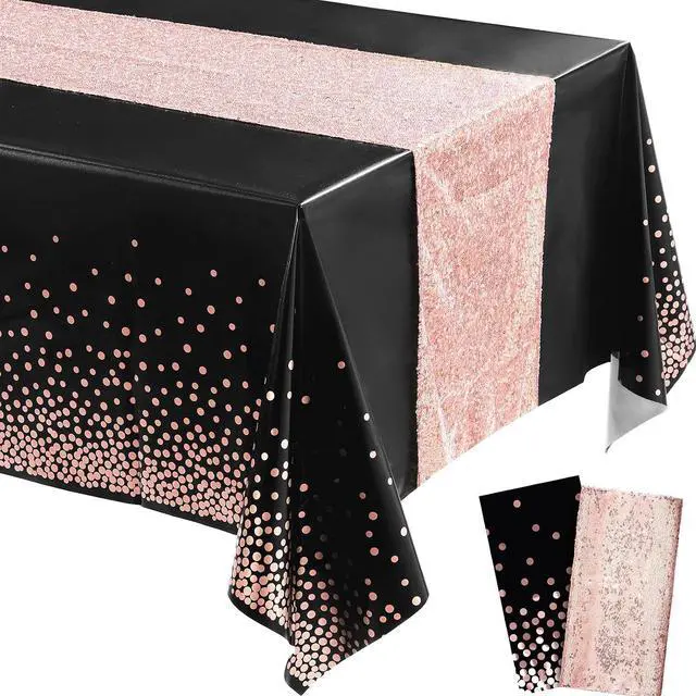 Main image of Irenare 2 Pcs Tablecloth and Sequin Table Runner Set,Black, Rose Gold | Sequin Runner with Confetti Dots Plastic Cover, Disposable for Birthday Wedding Anniversary Celebrations Dining Decor