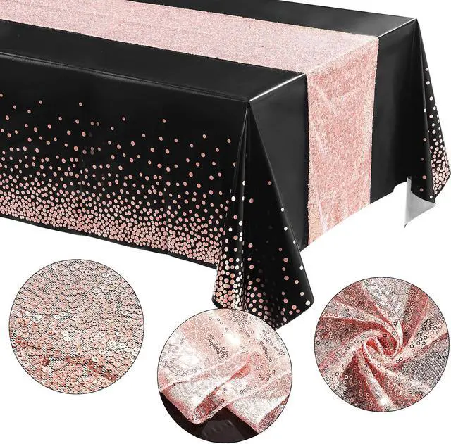 Alt view image 3 of 7 - Irenare 2 Pcs Tablecloth and Sequin Table Runner Set,Black, Rose Gold | Sequin Runner with Confetti Dots Plastic Cover, Disposable for Birthday Wedding Anniversary Celebrations Dining Decor