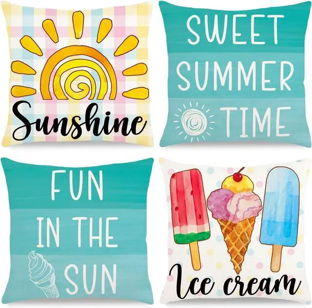 Main image of Summer Pillow Covers 18x18 Inch Ice Cream Blue Throw Pillowcase Set of 4 | Home Farmhouse Couch Sofa Bed Indoor Outdoor Decor