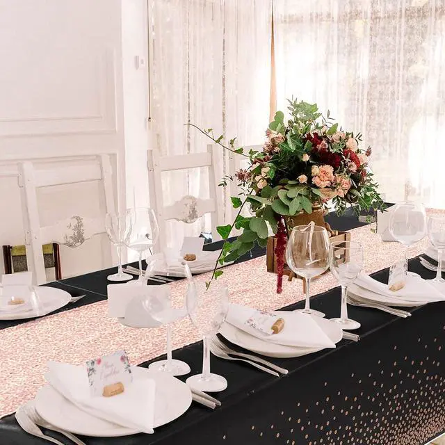 Alt view image 4 of 7 - Irenare 2 Pcs Tablecloth and Sequin Table Runner Set,Black, Rose Gold | Sequin Runner with Confetti Dots Plastic Cover, Disposable for Birthday Wedding Anniversary Celebrations Dining Decor
