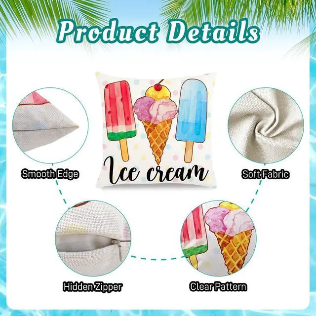 Alt view image 3 of 7 - Summer Pillow Covers 18x18 Inch Ice Cream Blue Throw Pillowcase Set of 4 | Home Farmhouse Couch Sofa Bed Indoor Outdoor Decor