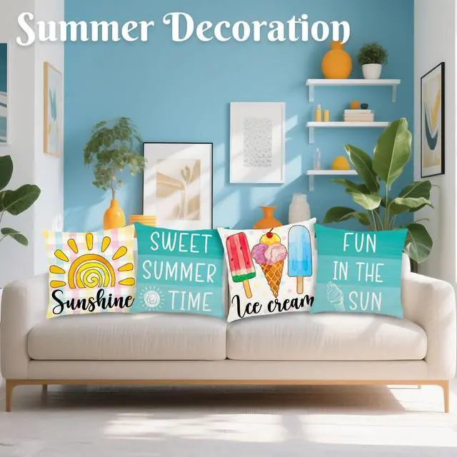 Alt view image 4 of 7 - Summer Pillow Covers 18x18 Inch Ice Cream Blue Throw Pillowcase Set of 4 | Home Farmhouse Couch Sofa Bed Indoor Outdoor Decor
