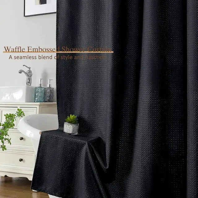 Alt view image 5 of 7 - Black Shower Curtain 72 Inch Length 1 Piece, Waffle Embossed Textured Soft Fabric Hotel Shower Curtain for Bathroom, Modern Polyester Water Repellent Machine Washable Bath Decor, 72Wx72L Inches