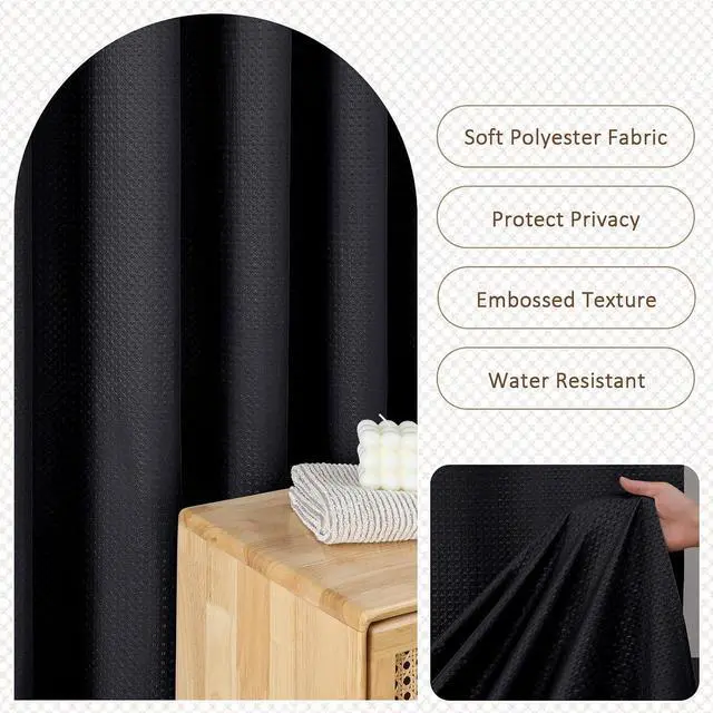 Alt view image 6 of 7 - Black Shower Curtain 72 Inch Length 1 Piece, Waffle Embossed Textured Soft Fabric Hotel Shower Curtain for Bathroom, Modern Polyester Water Repellent Machine Washable Bath Decor, 72Wx72L Inches