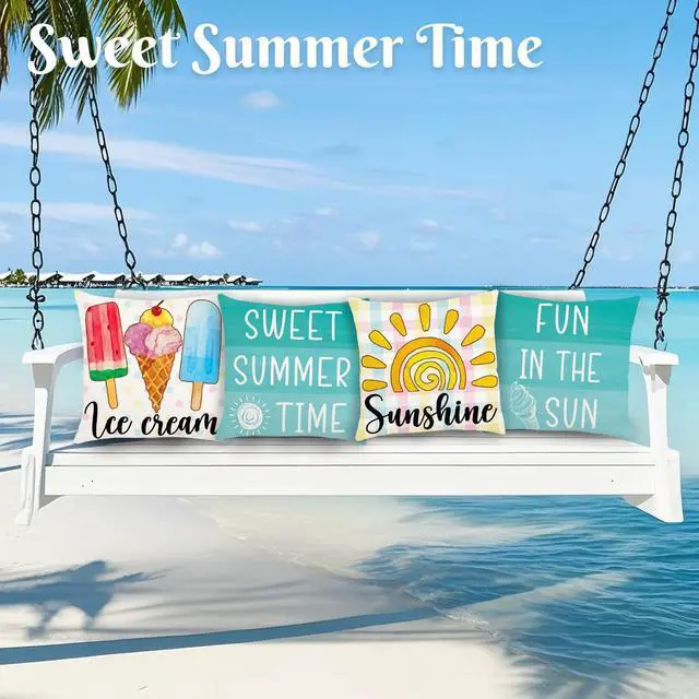 Alt view image 6 of 7 - Summer Pillow Covers 18x18 Inch Ice Cream Blue Throw Pillowcase Set of 4 | Home Farmhouse Couch Sofa Bed Indoor Outdoor Decor