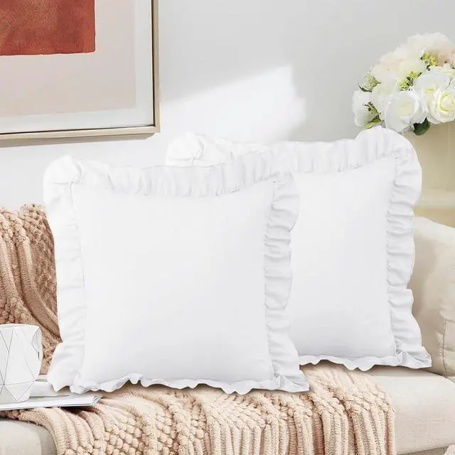 Alt view image 2 of 7 - Horbaunal 2 Pack White Ruffle Throw Pillow Covers 20" x 20" | 2 Inch Ruffled, Square Pillow Covers, Soft Microfiber Ruffle Pillow Shams, Shabby Chic Pillowcases