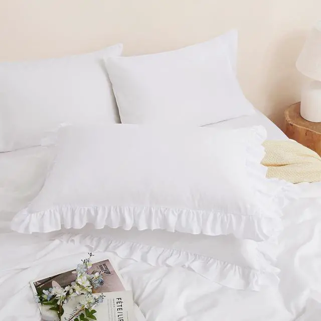Alt view image 3 of 7 - Horbaunal 2 Pack White Ruffle Throw Pillow Covers 20" x 20" | 2 Inch Ruffled, Square Pillow Covers, Soft Microfiber Ruffle Pillow Shams, Shabby Chic Pillowcases