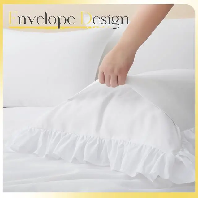 Alt view image 7 of 7 - Horbaunal 2 Pack White Ruffle Throw Pillow Covers 20" x 20" | 2 Inch Ruffled, Square Pillow Covers, Soft Microfiber Ruffle Pillow Shams, Shabby Chic Pillowcases