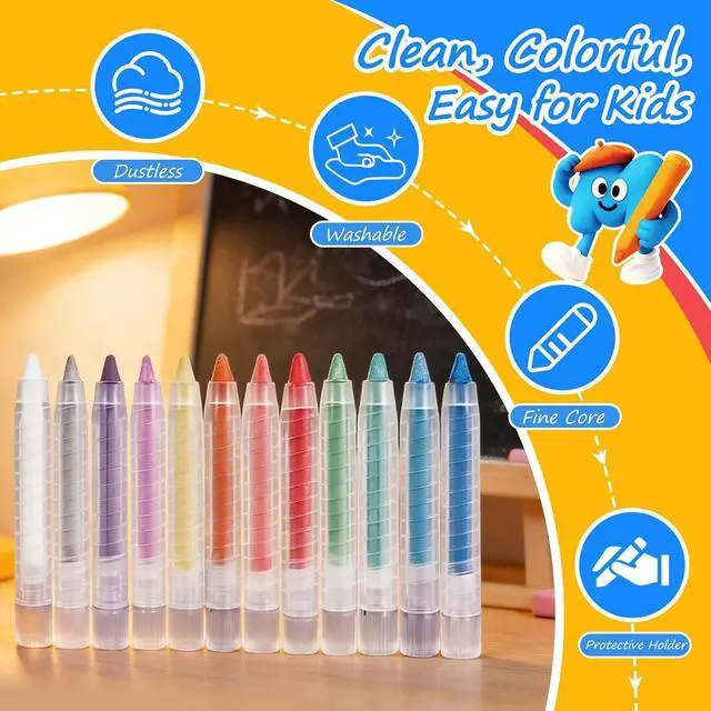 Alt view image 2 of 7 - NewFamily Dustless Chalk for Kids, 12 Colors with Twist-Up Holders, Fine-Tip Washable Non-Toxic Chalk for Chalkboards, Easels and Paper, Ages 3+