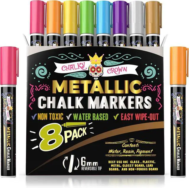 Main image of CHALKY CROWN Metallic Liquid Chalk Markers Chalkboard Markers - 8 Pack,6mm | Shimmering Metallic Colors for Blackboards, Windows & Mirrors - Reversible Chisel & Bullet Tips - Dust-Free & Erasable