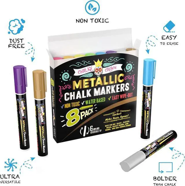 Alt view image 2 of 6 - CHALKY CROWN Metallic Liquid Chalk Markers Chalkboard Markers - 8 Pack,6mm | Shimmering Metallic Colors for Blackboards, Windows & Mirrors - Reversible Chisel & Bullet Tips - Dust-Free & Erasable