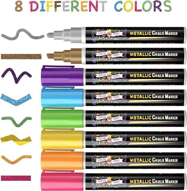 Alt view image 4 of 6 - CHALKY CROWN Metallic Liquid Chalk Markers Chalkboard Markers - 8 Pack,6mm | Shimmering Metallic Colors for Blackboards, Windows & Mirrors - Reversible Chisel & Bullet Tips - Dust-Free & Erasable