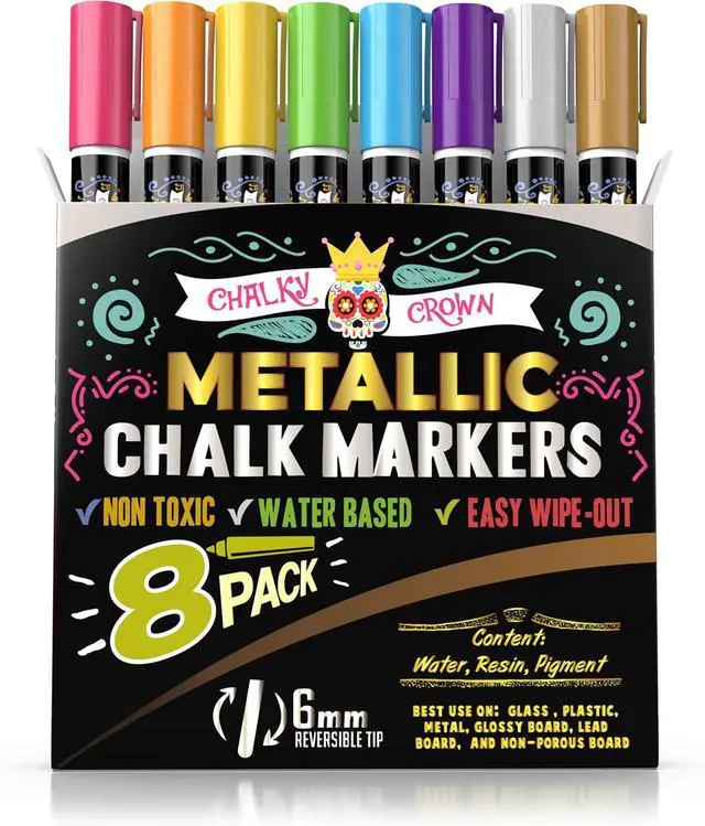 Alt view image 6 of 6 - CHALKY CROWN Metallic Liquid Chalk Markers Chalkboard Markers - 8 Pack,6mm | Shimmering Metallic Colors for Blackboards, Windows & Mirrors - Reversible Chisel & Bullet Tips - Dust-Free & Erasable
