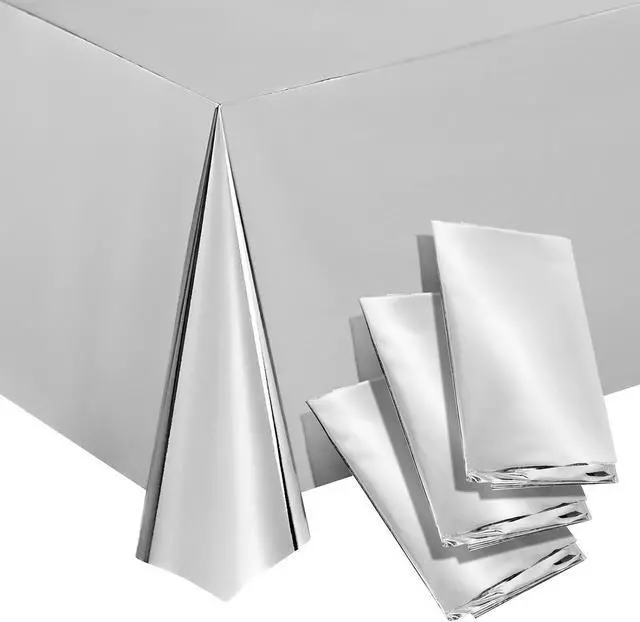 Main image of Juvale 3 Pack Plastic Table Cloths - Metallic Silver Plastic Tablecloth for Birthday Party Decorations (Shiny Foil, 54x108 Silver Tablecloth)